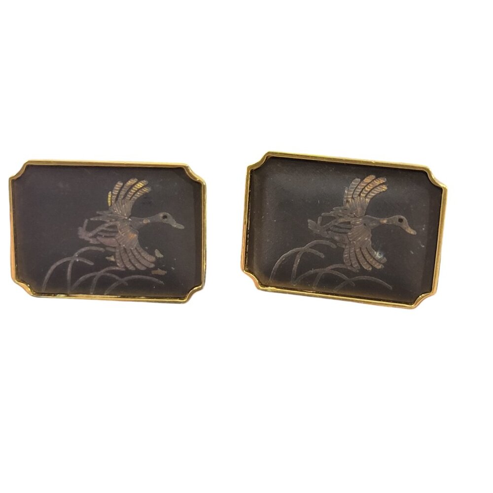 Vintage Amita Damascene Mallard Ducks Cufflinks Gold Tone Dad Grandpa Gift